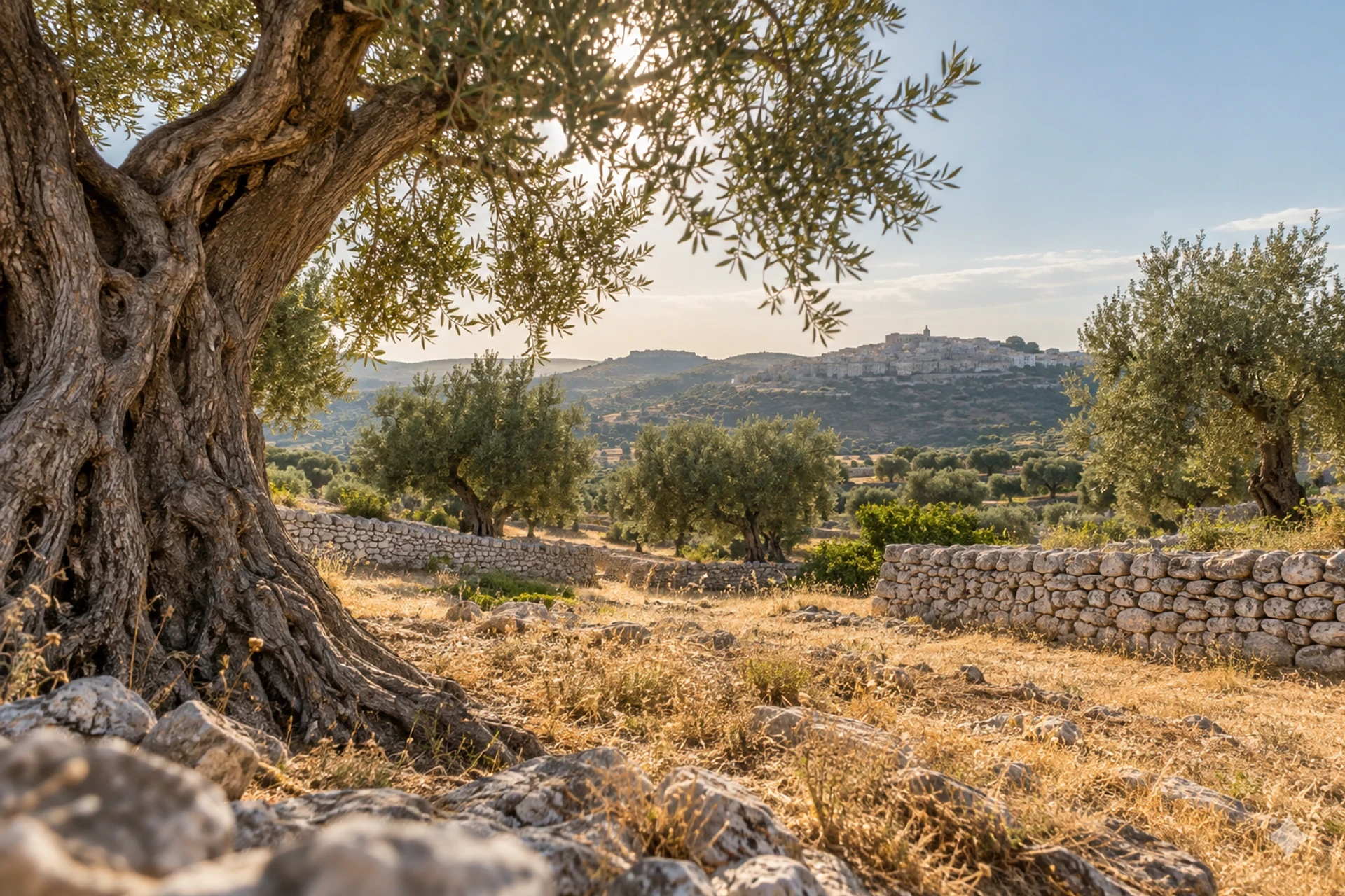 Oliviers anciens, herbes sèches et murets de pierre sous la lumière chaude du sud de l’Italie.