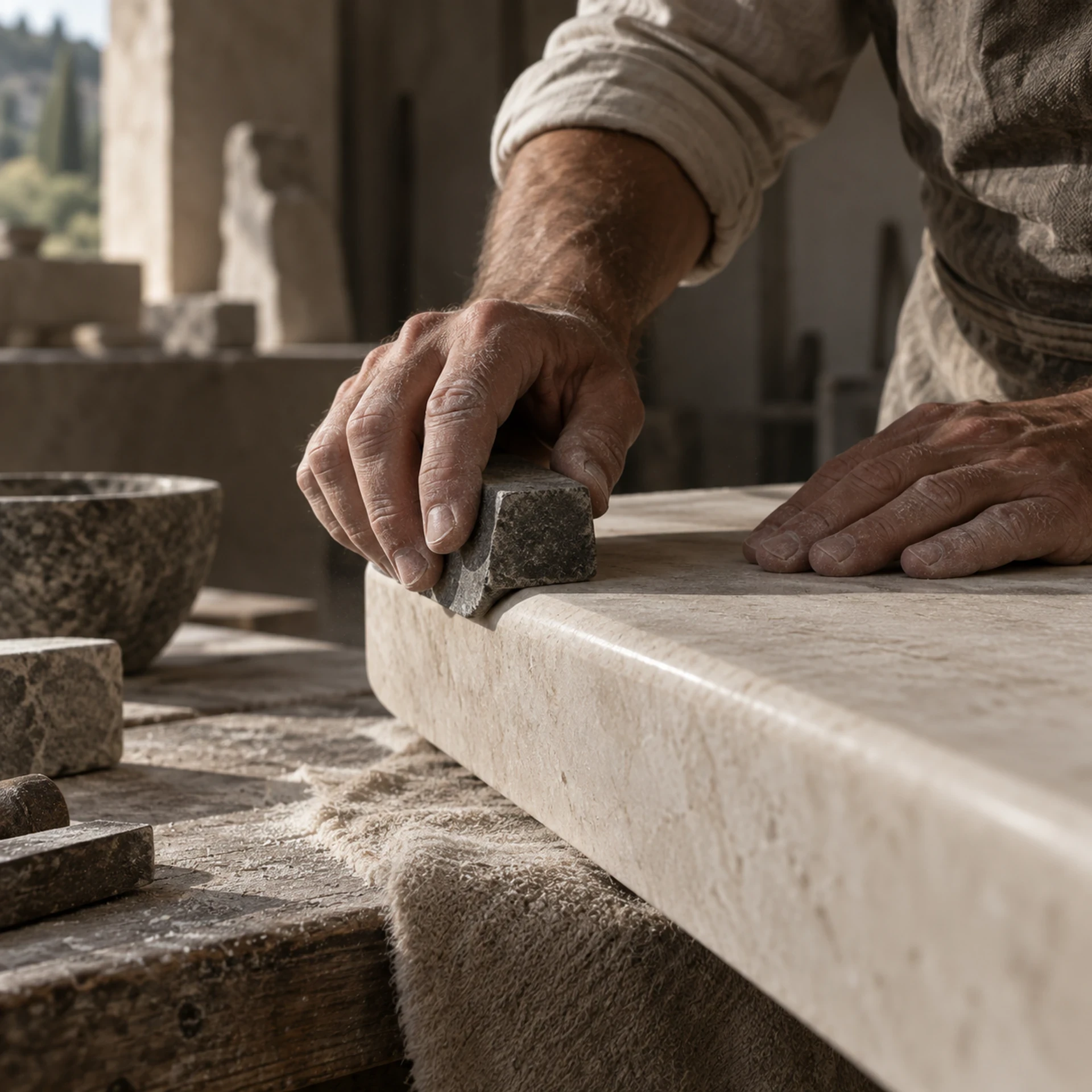 Mains d’un artisan finissant avec précision le bord d’une pièce en pierre claire dans un atelier italien.