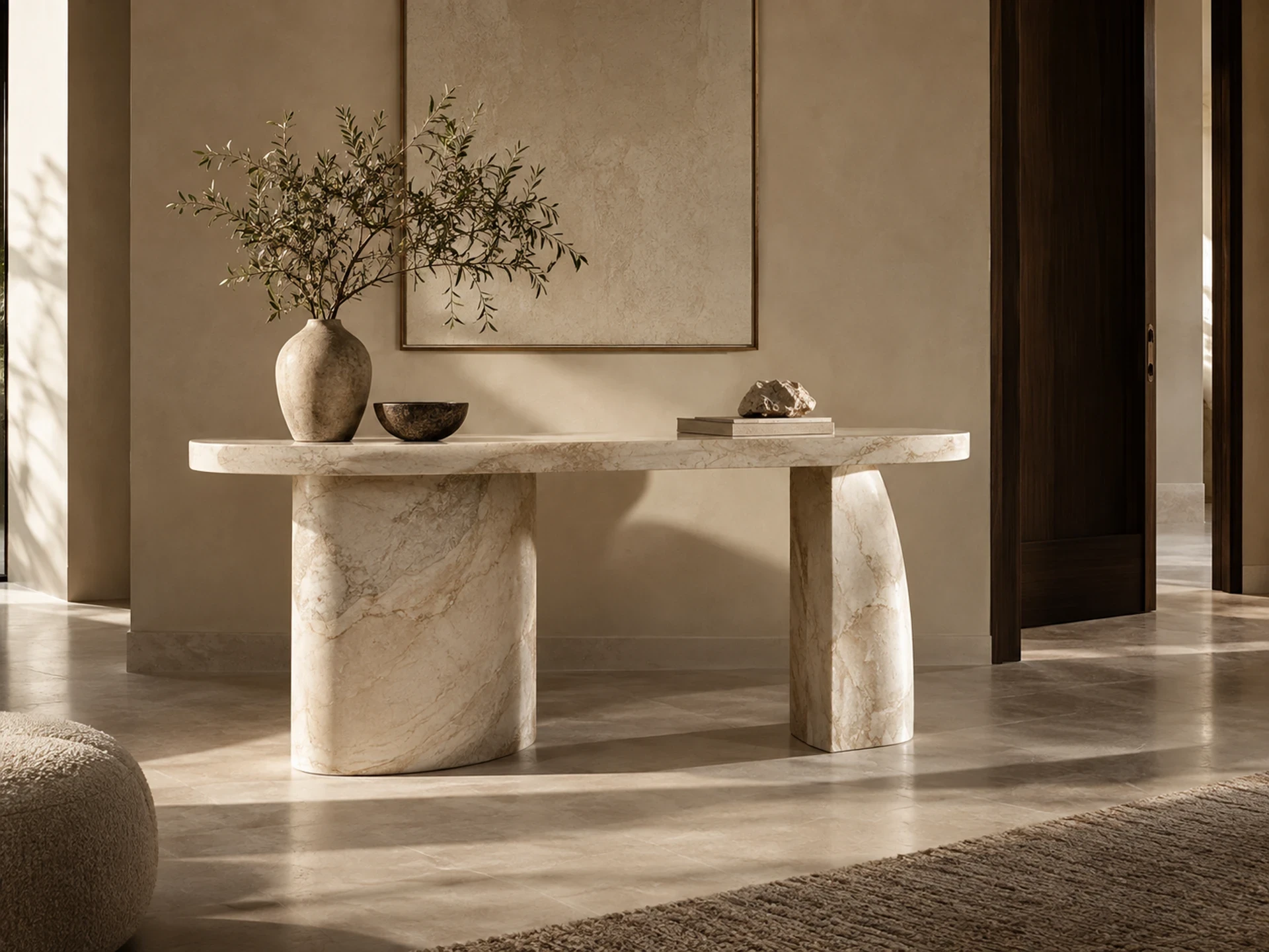 Console sculpturale en marbre ivoire, aux pieds courbes, dans un intérieur épuré aux enduits chauds et au bois sombre.