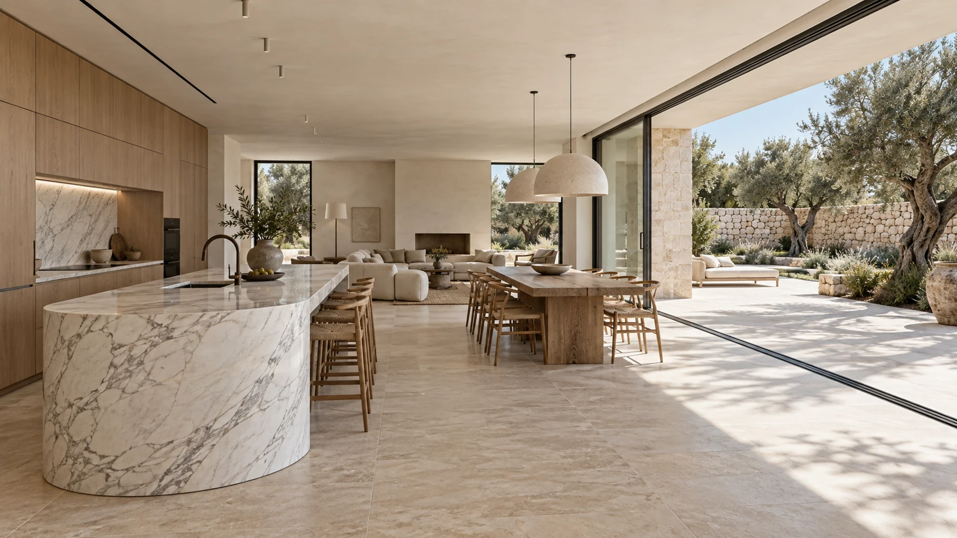 Cuisine ouverte avec îlot sculptural en Calacatta, mobilier en chêne clair et baie sur une cour plantée d’oliviers.