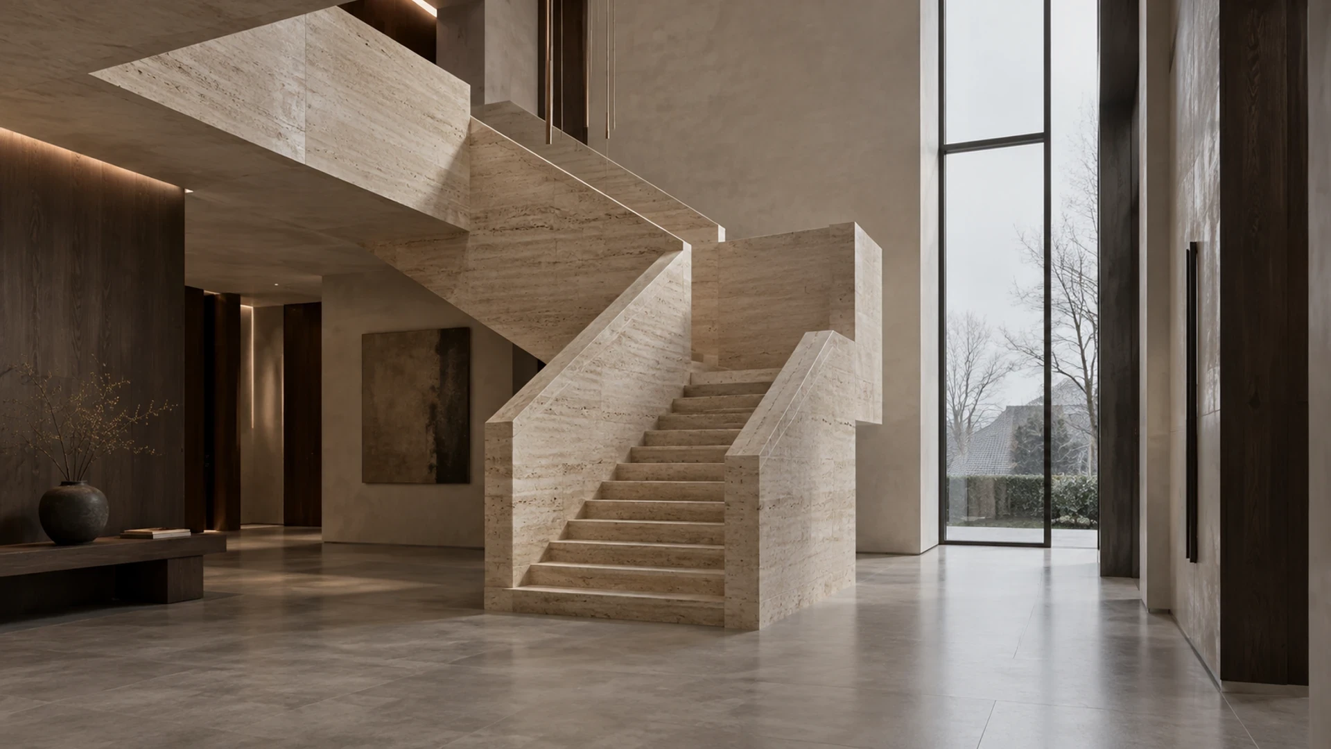 Escalier à retour en travertin massif dans un hall contemporain à double hauteur, éclairé par une grande baie verticale.