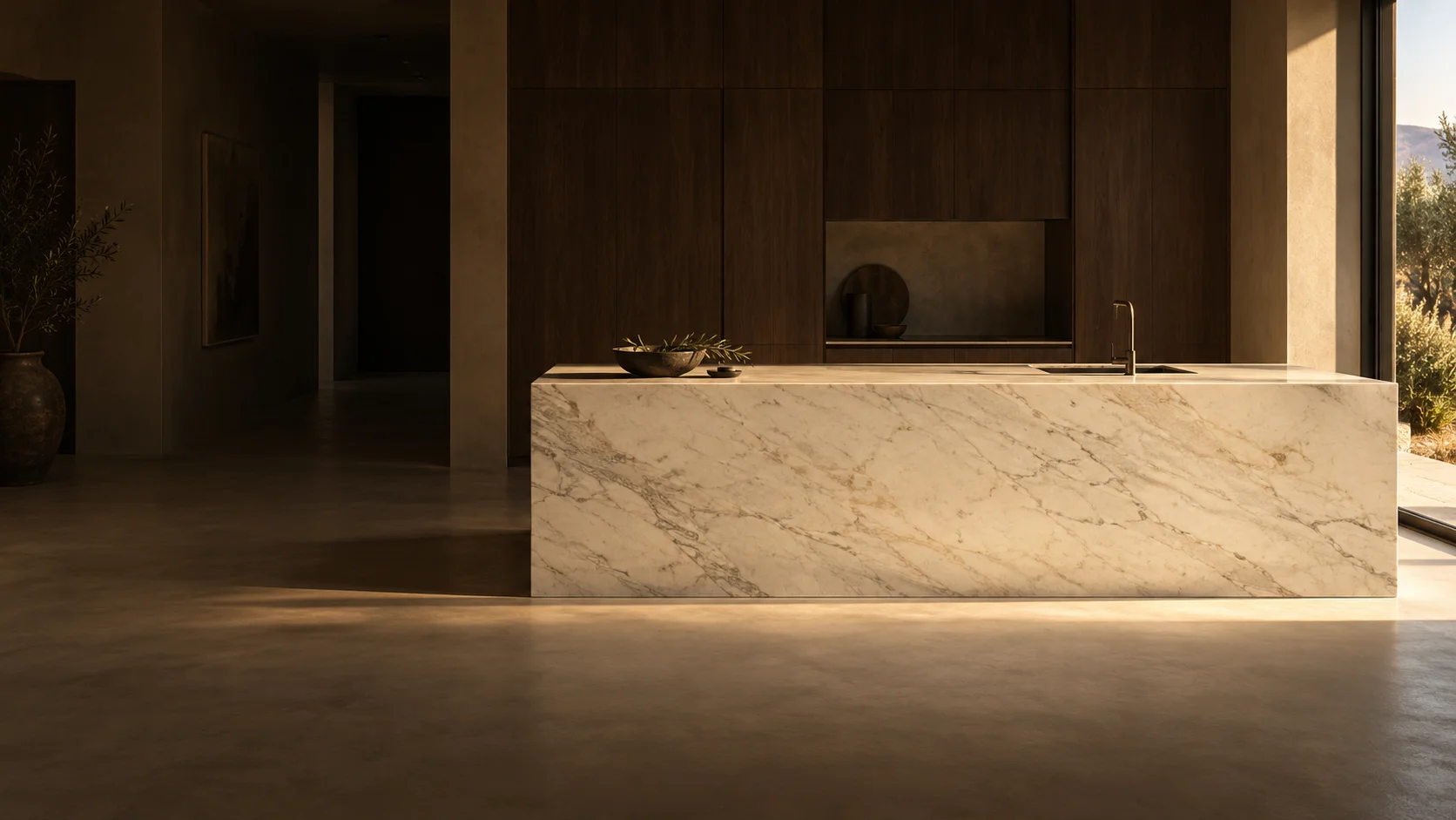 Îlot monolithique en marbre blanc veiné dans une cuisine aux boiseries sombres, éclairée par une lumière naturelle latérale.
