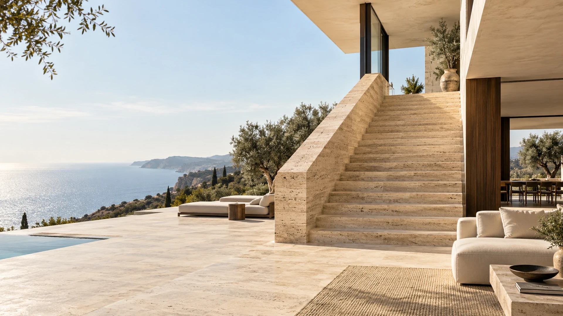 Escalier monumental en travertin beige face à la Méditerranée, dans une villa contemporaine lumineuse.