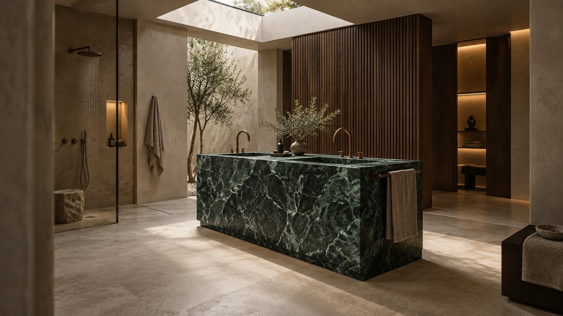 Double vasque monolithique en Verde Alpi dans une salle de bain sous verrière, aux enduits chauds et boiseries rainurées.